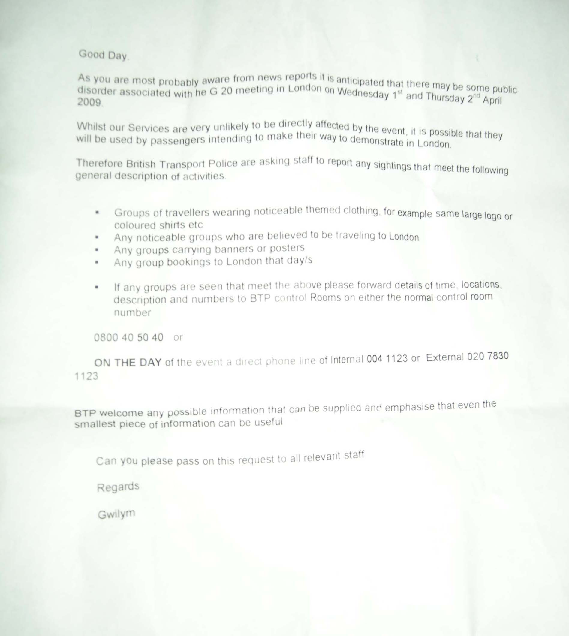 Photo of letter to Arriva Staff